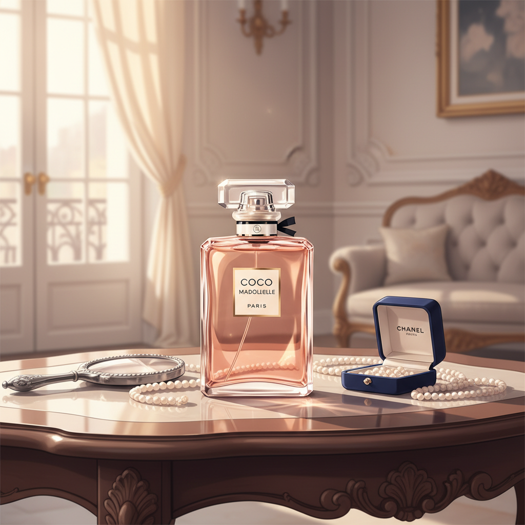 A bottle of Chanel Coco Mademoiselle on a vanity table