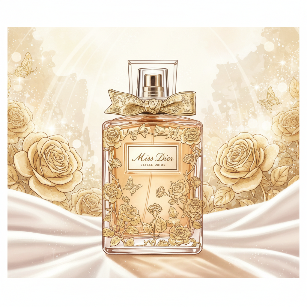 The limited edition Miss Dior Essence bottle featuring intricate golden illustrations