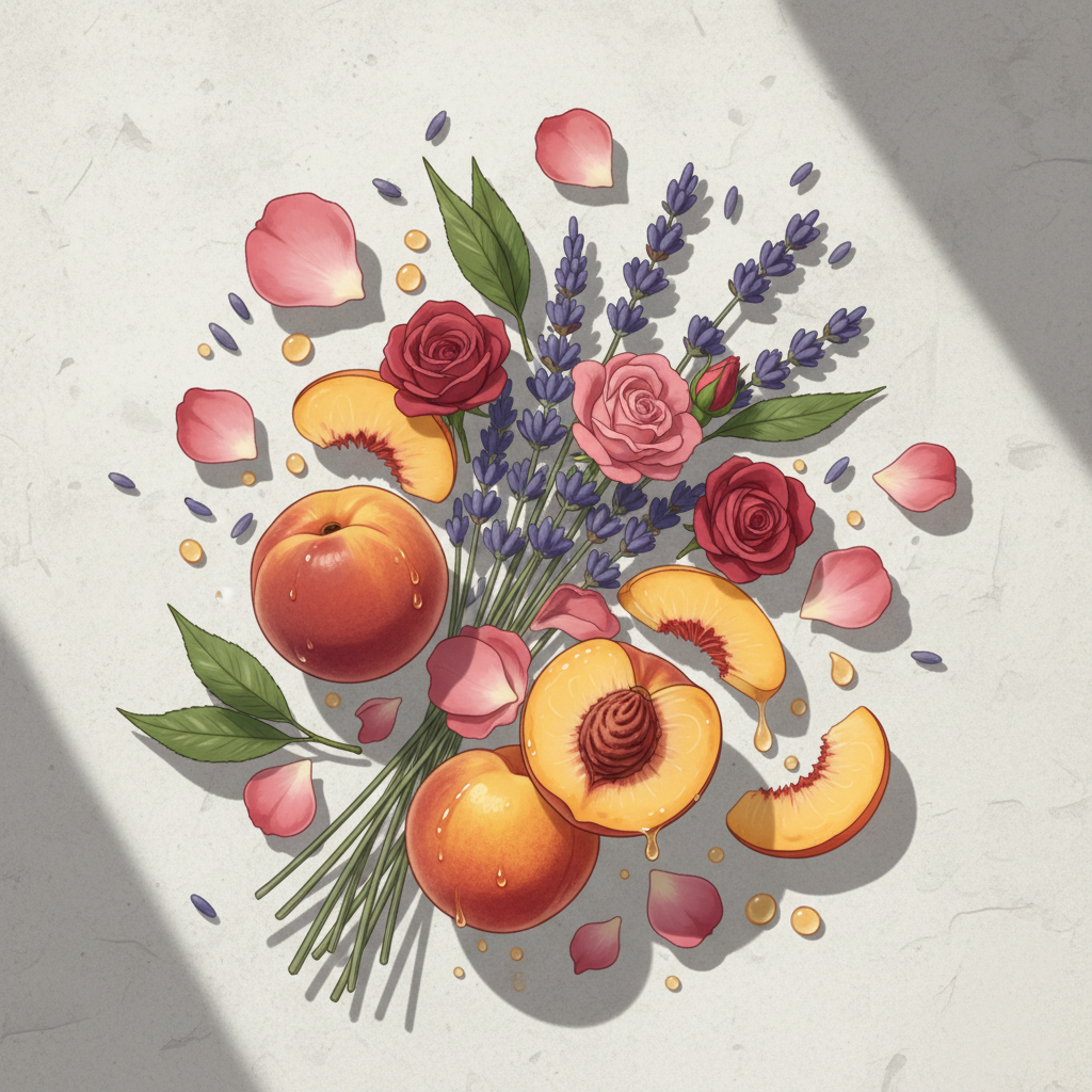 Ingredients laydown showing lavender, rose petals, and peach