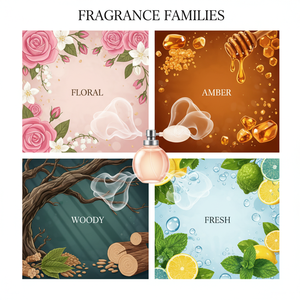 A visual guide to fragrance families including floral, amber, woody, and fresh notes