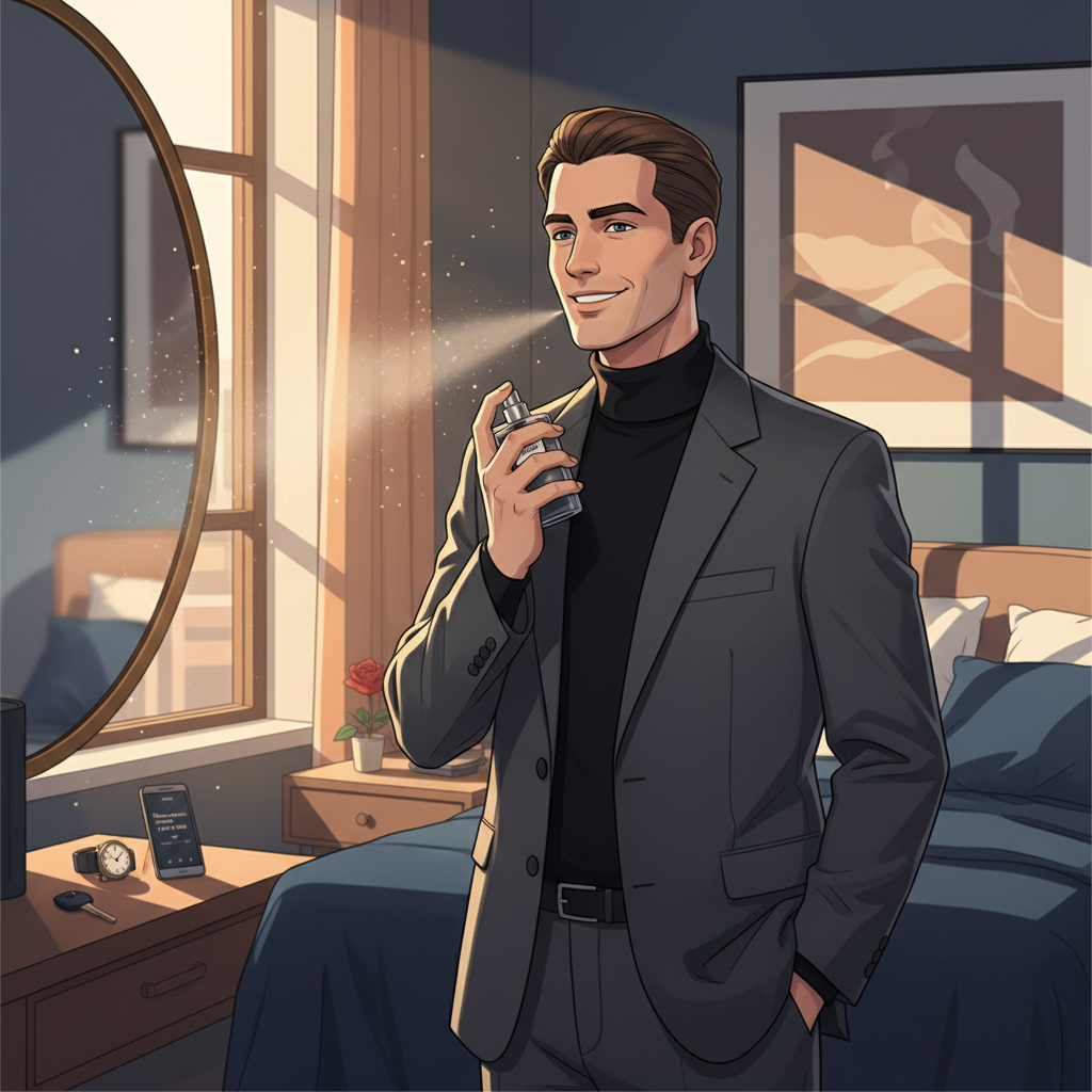 A man applying cologne before a date night