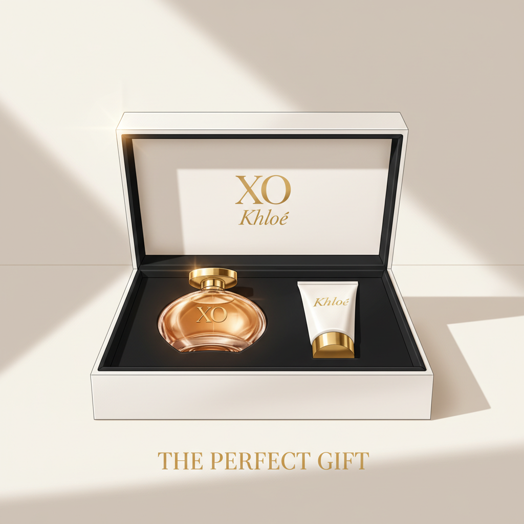 XO Khloe gift set box open showing perfume and lotion