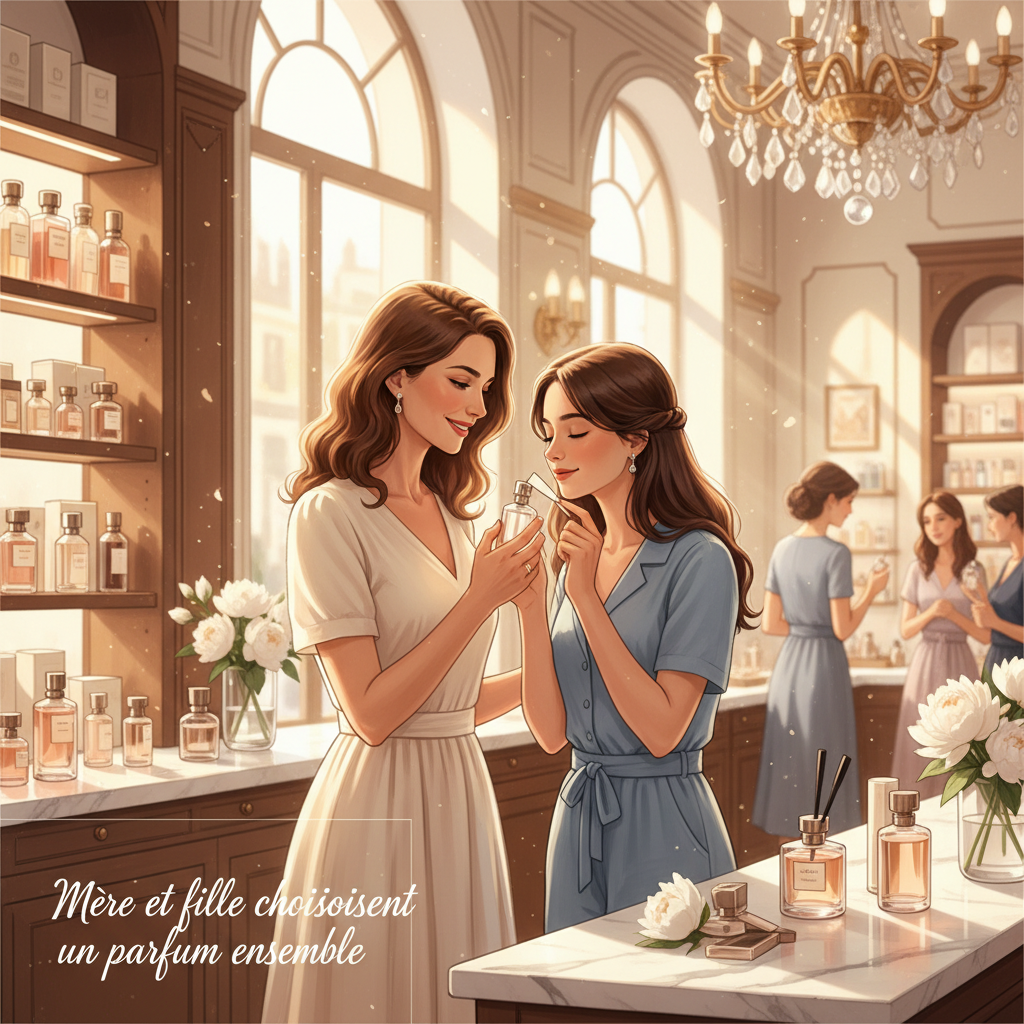Mère et fille choisissant un parfum ensemble