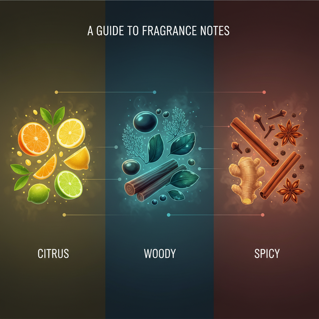 A guide to fragrance notes showing citrus, woody, and spicy ingredients