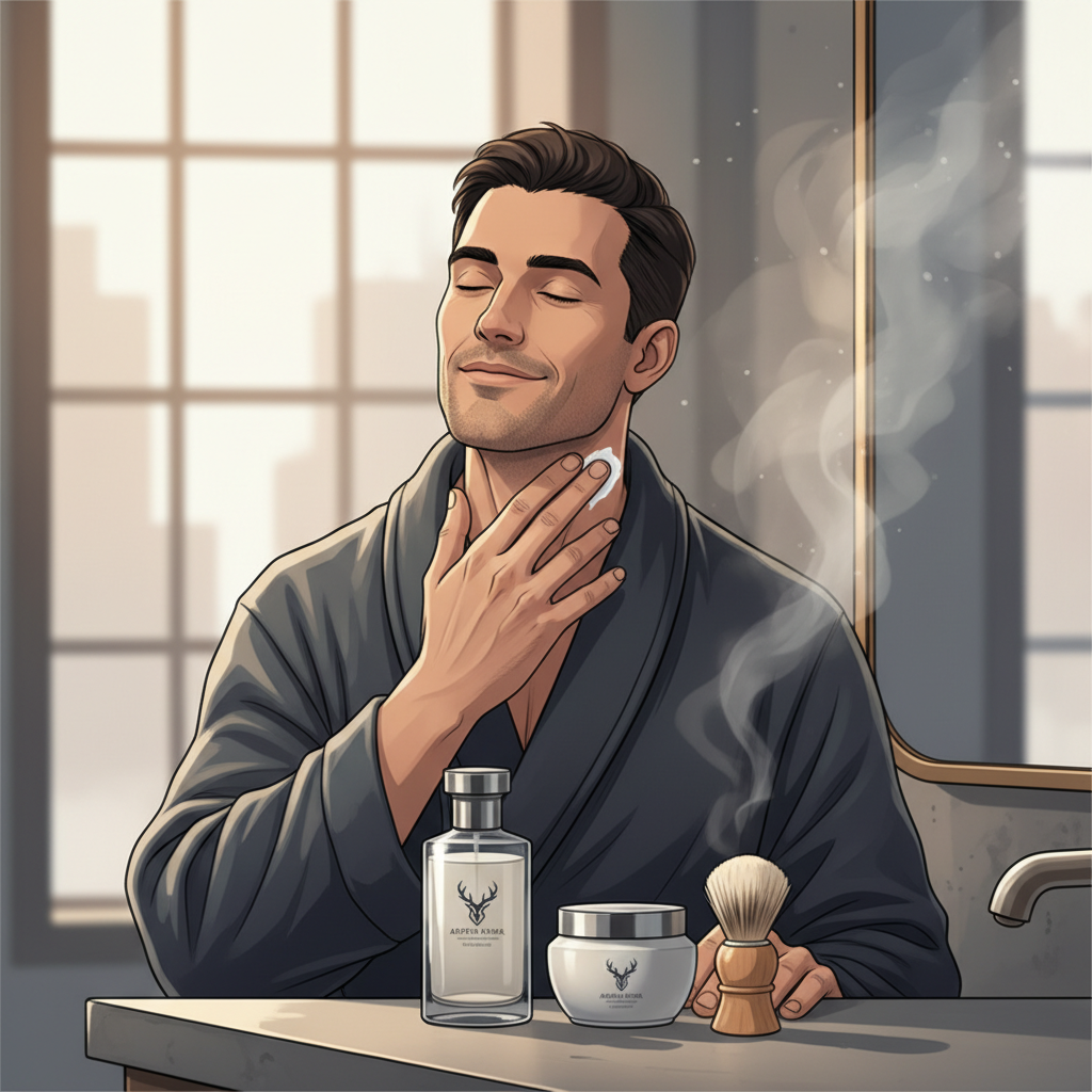 A man applying aftershave balm from a gift set