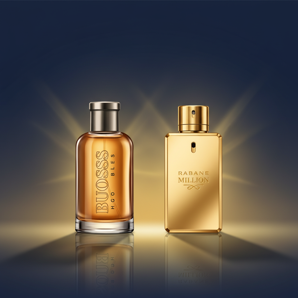 Hugo Boss Bottled and Rabanne 1 Million bottles side by side