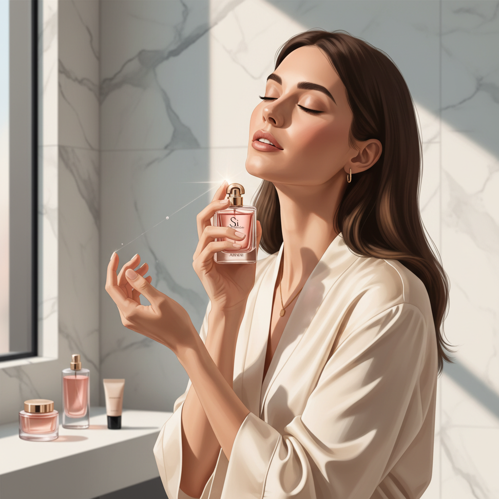 Woman applying Armani perfume to her pulse points