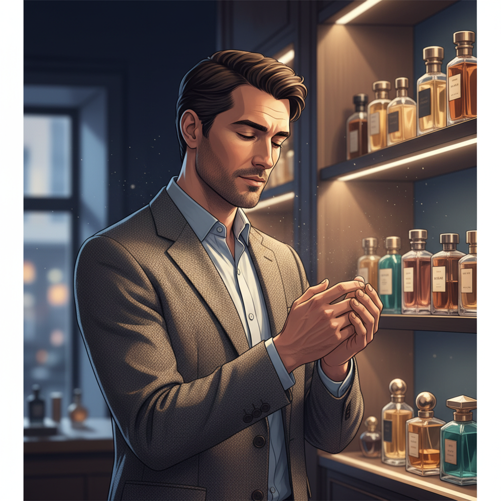 Man die parfum test op de pols in een winkel