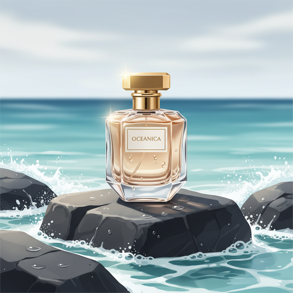 A close-up of a modern luxury perfume bottle sitting on sea rocks as gentle ocean waves lap nearby