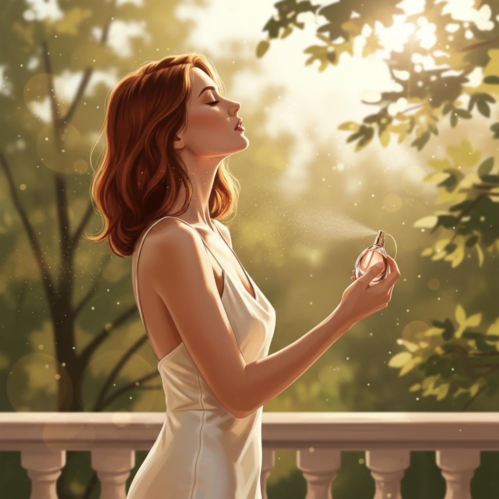 A woman spraying perfume on her pulse points in soft, golden summer sunlight