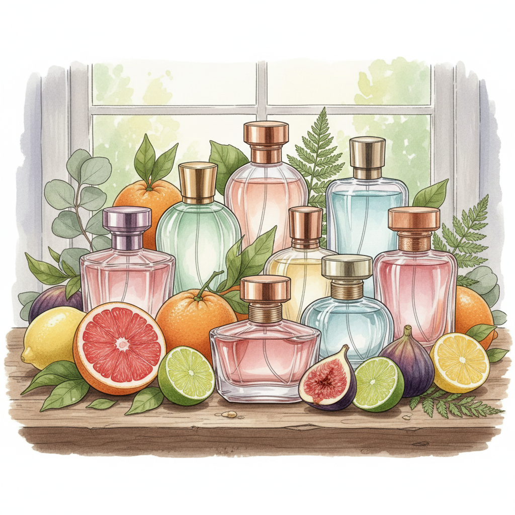A collection of pastel-colored perfume bottles nestled among fresh citrus fruits, sliced figs, and green leaves